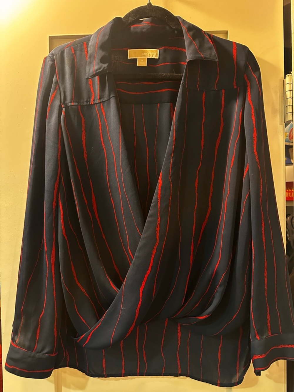 Navy Wrap Blouse with Red Vertical Stripes